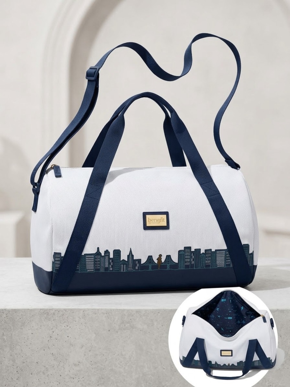 Rare Benefit White and Navy Duffel Bag with City Skyline Accent Weekender